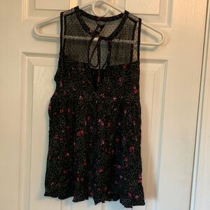 Volcom black and pink floral polka dot sleeveless part shear blouse xs